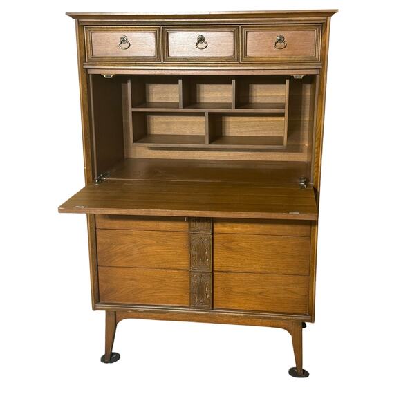 Bassett Mayan Walnut King Headboard Credenza Secretary 2 Nightstands MCM 5 piece - Picture 5 of 16